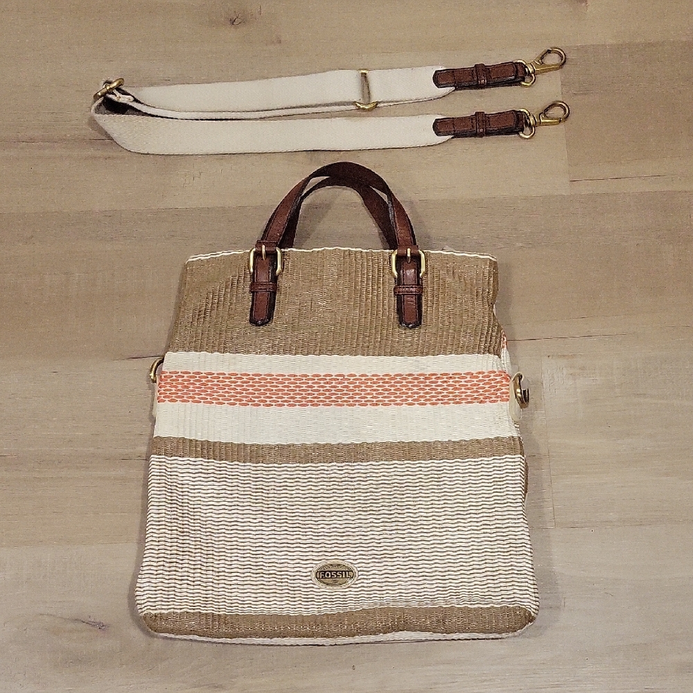 Fossil Tan, Cream & Coral Woven Tote with Brown Leather Trim